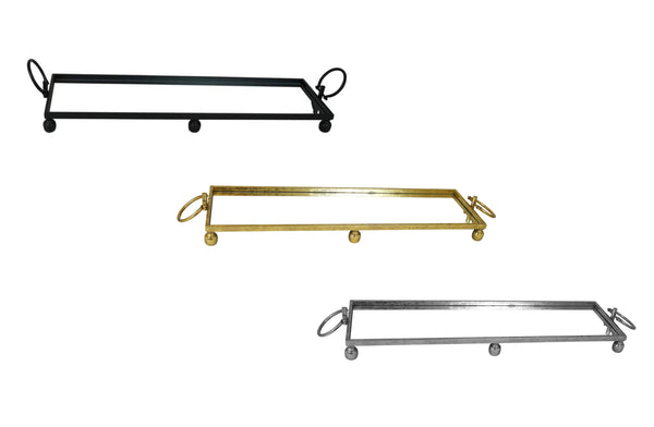Eliza large Rectangle Iron Mirror Trays with Handles in Black, Gold, and Silver – Decorative metal trays with ring handles and elevated ball feet, ideal for serving or styling.