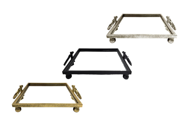 Small Eliza Iron Mirror Trays with loop handles in Black, Gold, and Silver finishes – Designed with a mirrored surface and elegant ball feet for a chic decorative or serving tray.