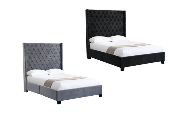 Ella Winged Bed in black velvet upholstery with tall 180cm winged headboard.