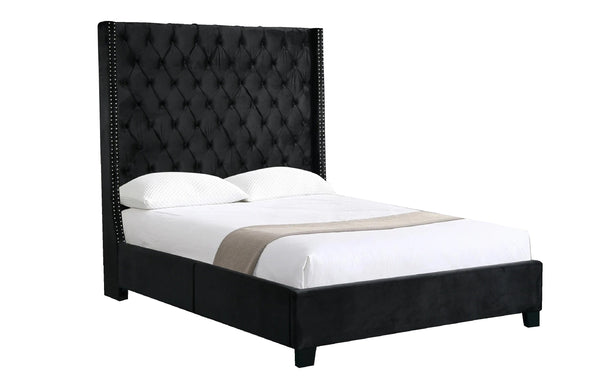 Ella Winged Bed in black velvet upholstery with tall 180cm winged headboard.
