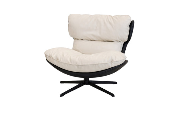 Enzo swivel arm chair in cream vegan leather with plush cushioning and curved modern design.