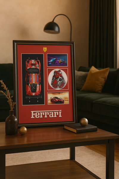 Framed Ferrari poster on a wooden table in a living room setting