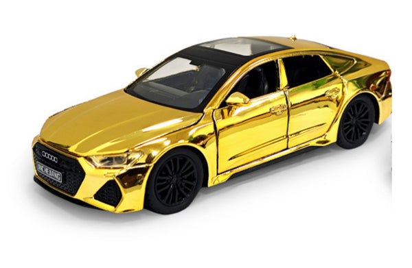 Gold Audi RS7 Sportsback diecast car featuring realistic detailing, sound effects, and pull back power.