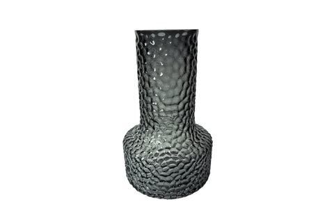 Green hammered glass vase with textured surface, 15cm diameter and 25cm height, perfect for flowers or as a décor accent.