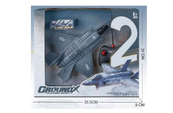 GroundX combat plane retail box showing remote control and product dimensions.