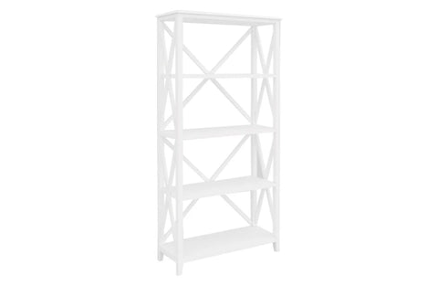 Hampton's Style Bookcase – white 4-tier timber and metal shelving unit with cross-back design, ideal for books and décor display