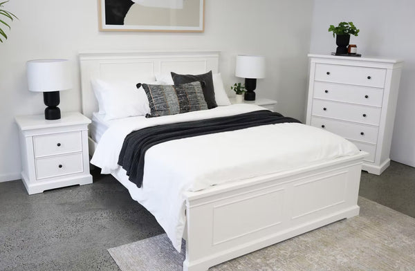 Hamptons white bedroom set featuring bed frame, bedside tables and tallboy in a coastal style.