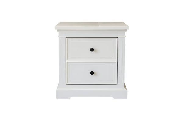 Hamptons white bedside table with two drawers and classic panel detailing in coastal style.