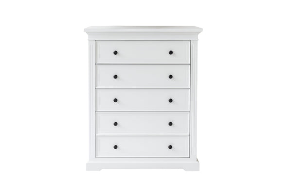 Hamptons white tallboy dresser with five drawers featuring classic panel detailing and black knobs.