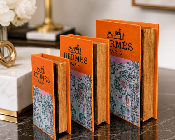 Herm Orange Designer Faux Décor Table Book Box -3 Size Available