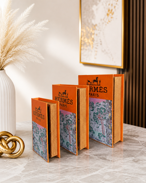 Herm Orange Designer Faux Décor Table Book Box -3 Size Available