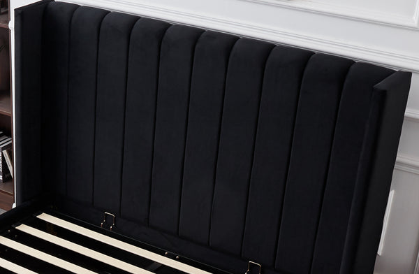Close-up of Hilton Velvet Gas Lift Bed headboard in luxurious Black velvet with vertical tufting.