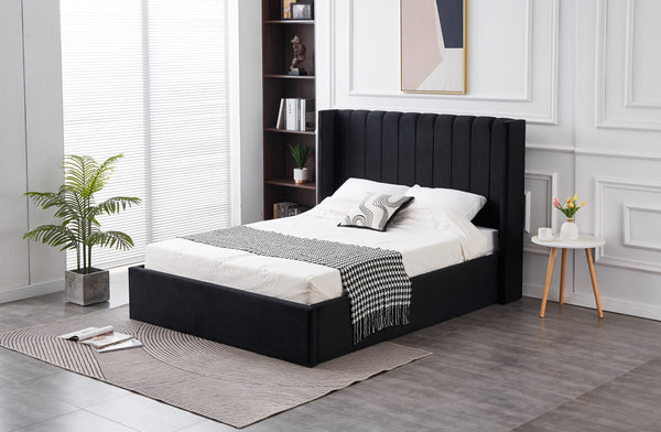 Hilton Velvet Gas Lift Bed in Black velvet, styled in a modern bedroom setting.