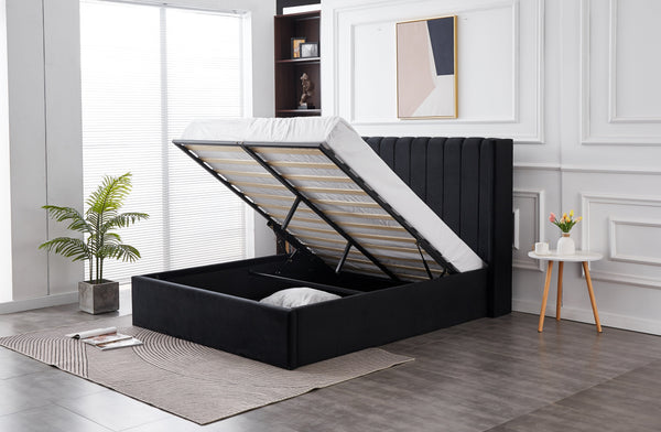 Hilton Velvet Gas Lift Bed in Black, showcasing lifted gas storage frame with ample space.