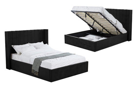 Hilton Velvet Gas Lift Bed in Black velvet, angled view with gas lift storage open.