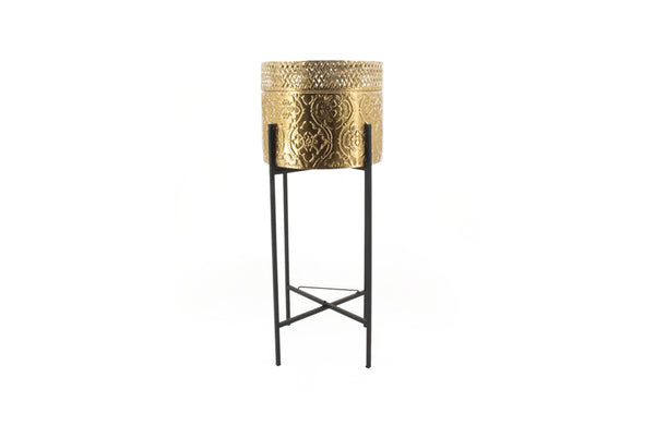 Hope Large Gold Planter – 30x30x74.5cm with intricate gold foil design and tall black metal stand for bold modern styling