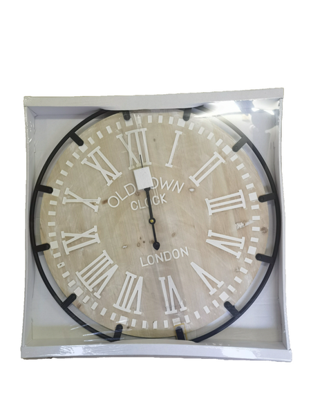 Industrial wall clock in natural finish, securely packaged and ready for stylish home décor.