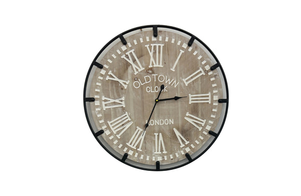 Natural industrial style wall clock with Roman numerals, bold decorative timepiece for interiors.