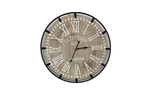 Natural industrial style wall clock with Roman numerals, bold decorative timepiece for interiors.