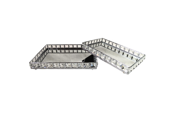 Set of 2 silver rectangle trays with crystal accents and mirrored bases, available in small and large sizes.