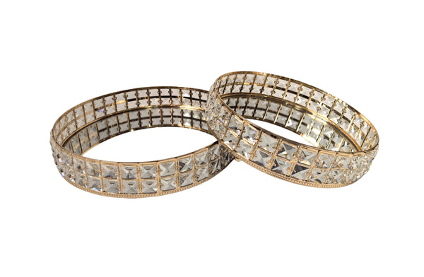 Set of 2 gold round trays with crystal accents and mirrored bases, available in small and large sizes.