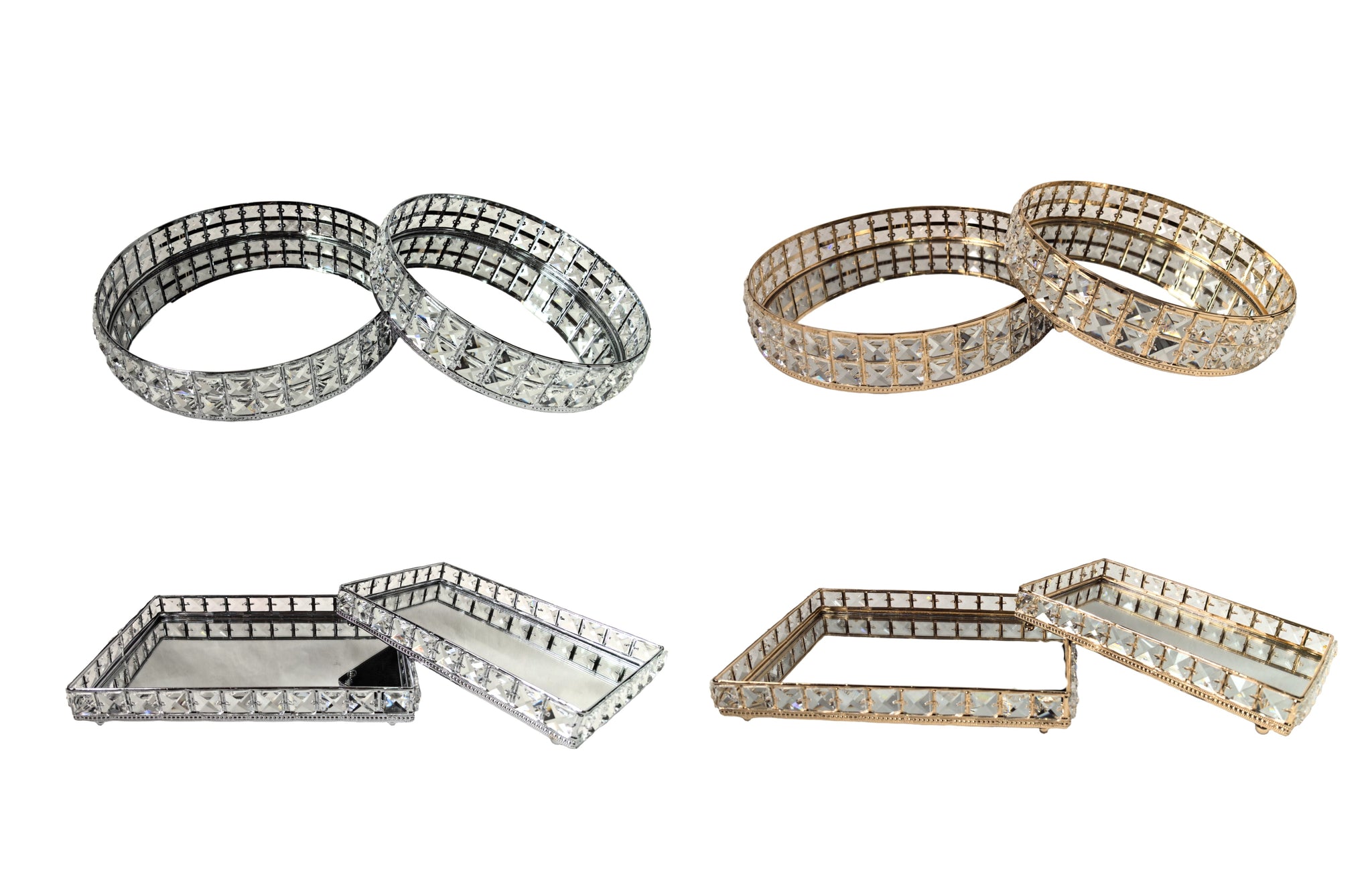  Katie tray set of 2 in round and rectangle styles, available in gold and silver finishes with mirrored bases, perfect for serving or décor.