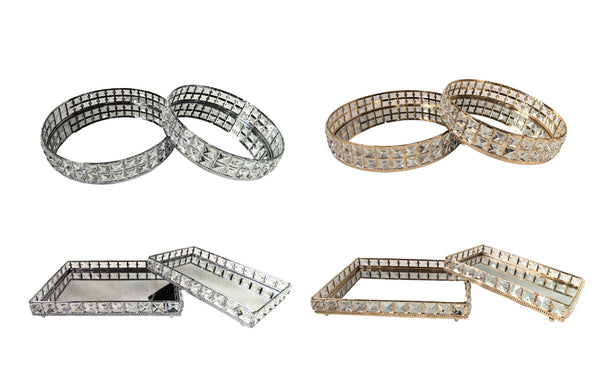  Katie tray set of 2 in round and rectangle styles, available in gold and silver finishes with mirrored bases, perfect for serving or décor.