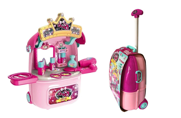 Open kids beauty kit dressing table with mirror, accessories, and pretend styling tools.