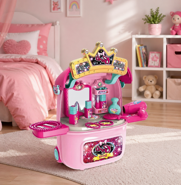 Pink toy vanity set with mirror and accessories in a child's bedroom