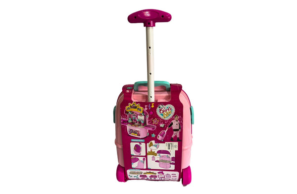 Pink kids beauty kit suitcase trolley with handle and wheels for portable play.