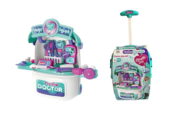 Open kids doctor kit playset with medical tools, monitor, and pretend clinic setup.