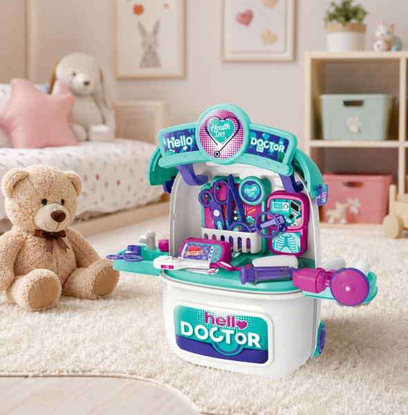 Toy doctor's kit with teddy bear on a carpeted floor in a room setting