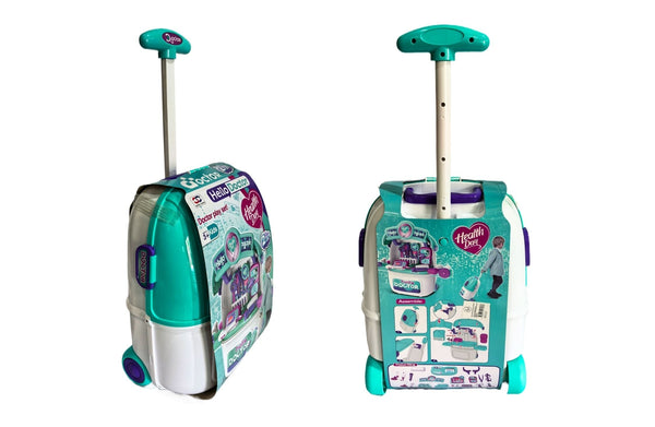 Kids doctor kit suitcase trolley with handle and wheels for portable role play.