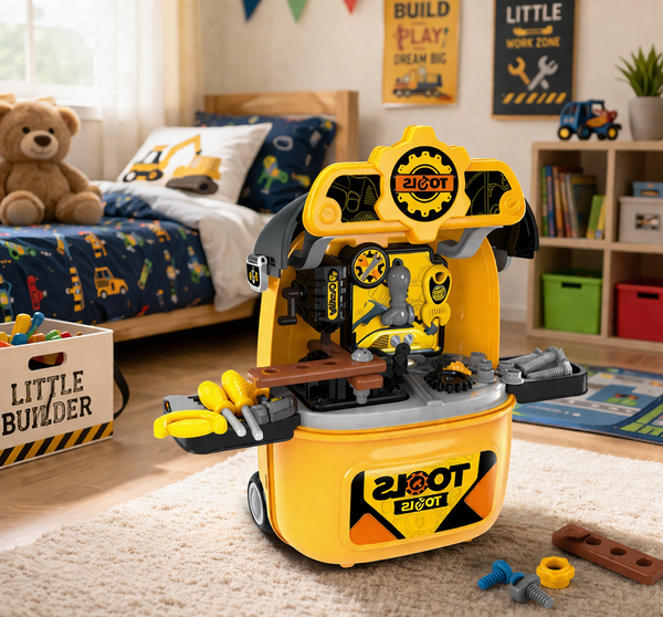 Toy workbench with tools in a child's bedroom