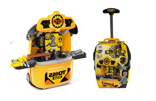 Open kids tool kit playset with pretend tools and mini workbench inside case.