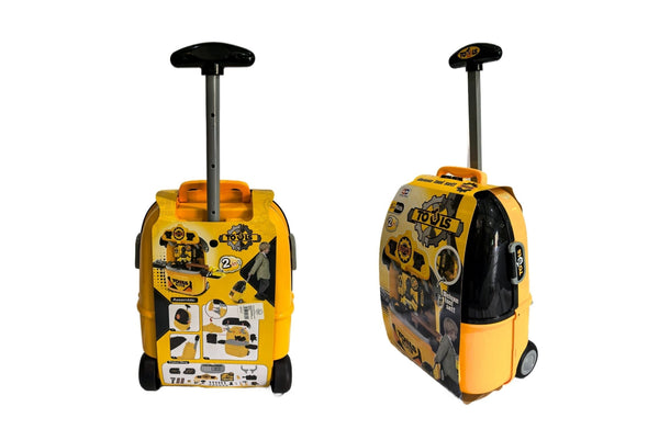 Kids tool kit suitcase trolley with handle and wheels for portable pretend play.