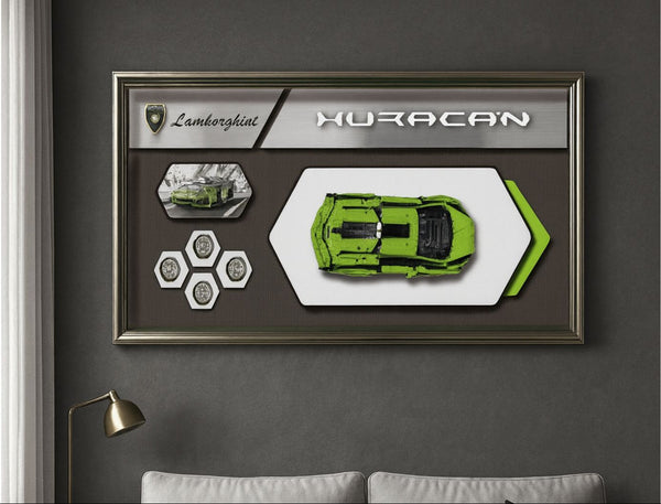Framed display of a green Lamborghini inspired green brick-built wall art on a dark wall.