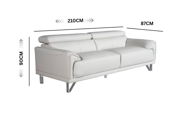 Lawson light grey leather 3-seater sofa showing measurements 210cm width, 87cm depth, and 90cm height.