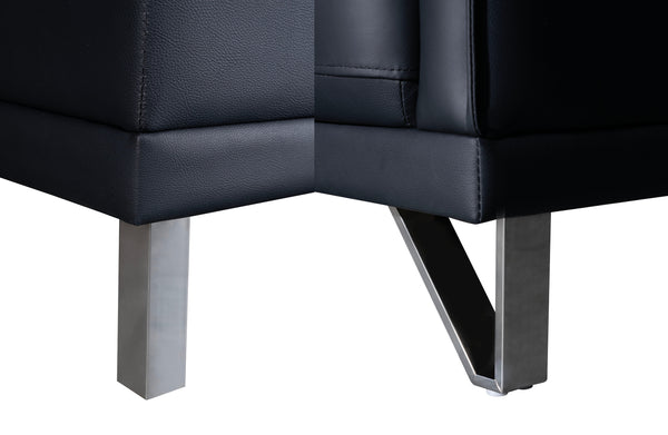 Close-up of Lawson black leather sofa legs showcasing modern stainless steel supports and clean geometric design.