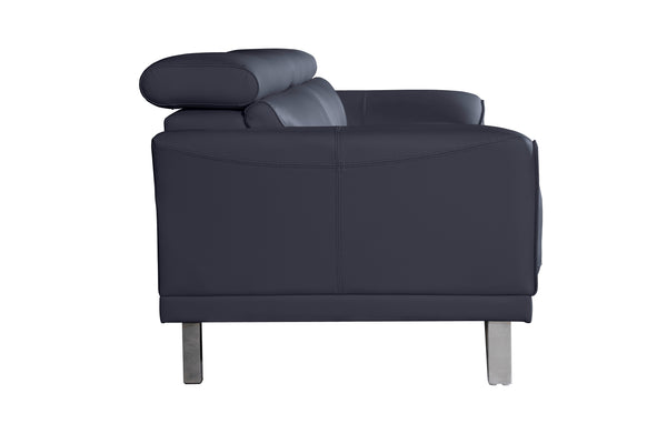 Side view of Lawson black leather sofa featuring adjustable headrest and sleek stainless steel legs.