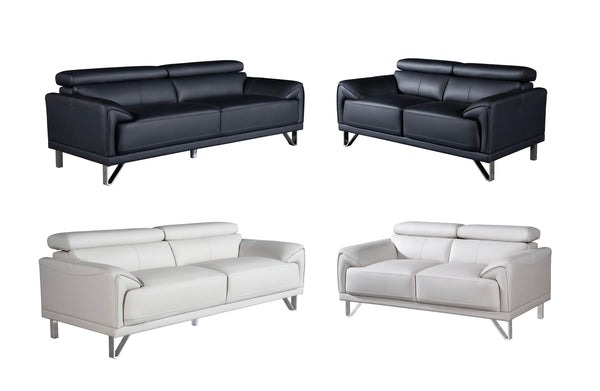 Lawson leather sofa set in black and light grey featuring adjustable headrests and stainless steel legs.