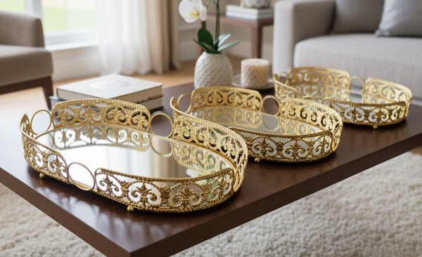 Decorative gold oval trays on a coffee table in a living room setting