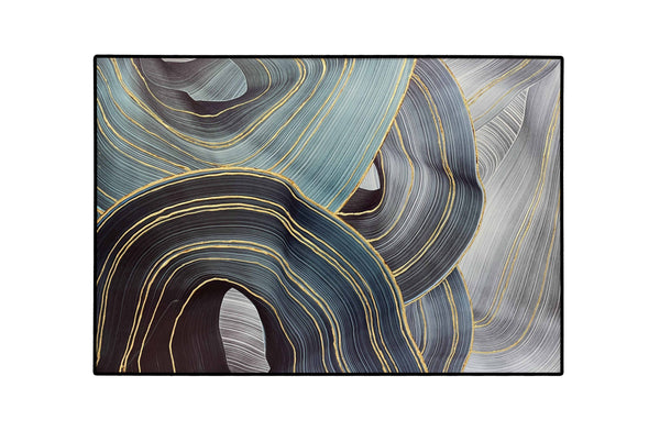 Luxury ribbon design wall art with soft green and grey tones, accented by metallic gold lines and framed in black, 123x83cm.