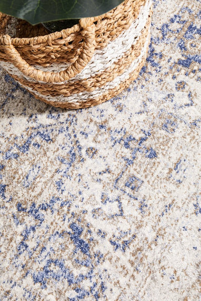 Close-up of Mayfair Hugo Ocean Rug’s intricate blue and beige detail