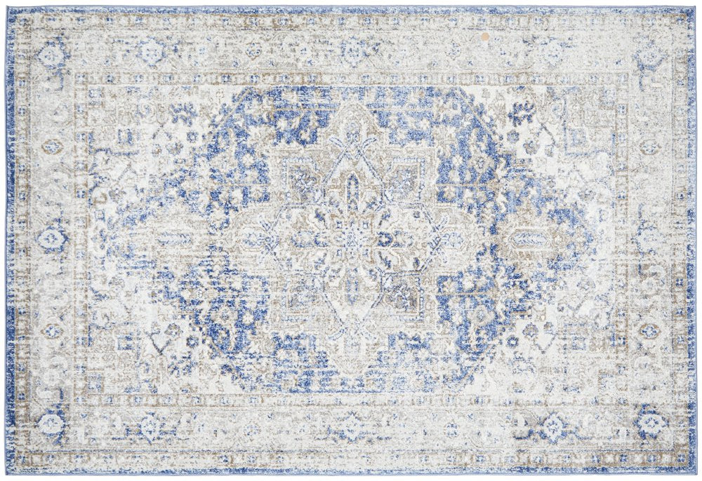 Flat lay of Mayfair Hugo Ocean Rug with stonewashed blue design