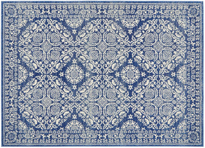 Flat lay of Mirage 358 Navy Rug with ornate floral motifs