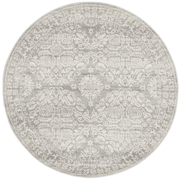 Round Mirage 358 Silver Rug with elegant silver pattern in overhead flatly view