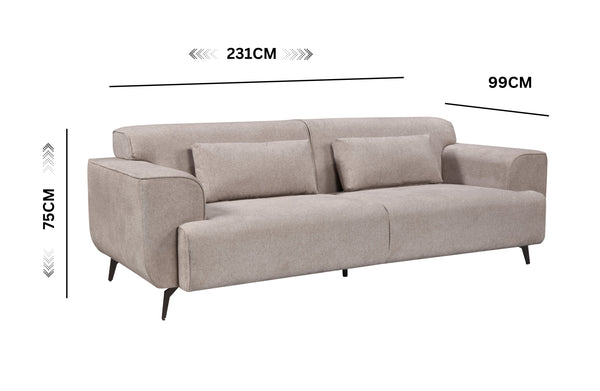Beige 3-seater fixed sofa with soft-touch fabric upholstery, black metal legs, and matching cushions — dimensions labeled as 231cm wide, 99cm deep, and 75cm high.