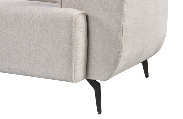 Close-up view of the Maddox Lounge Sofa leg in sleek black metal, highlighting its curved armrest, durable textured fabric, and modern elevated design.