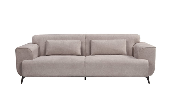 Spacious light grey 3-seater Maddox Lounge Sofa with plush back cushions and sleek black metal legs, upholstered in premium textured fabric for a modern, inviting look.
